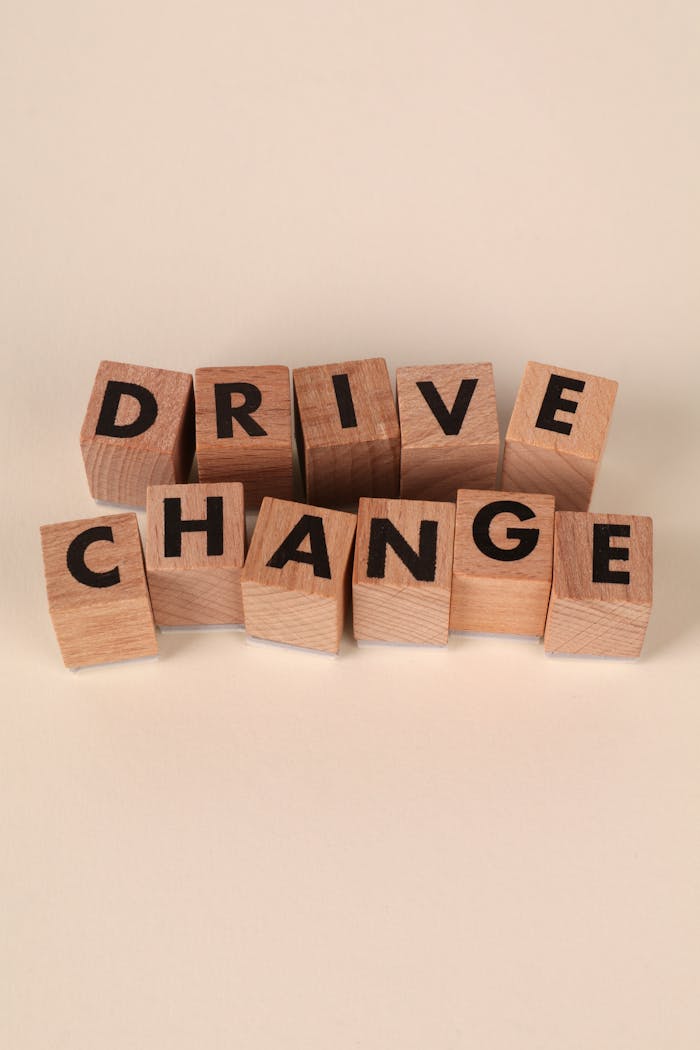 Services Wooden blocks arranged to spell Drive Change on a neutral beige background, symbolizing transformation and progress.